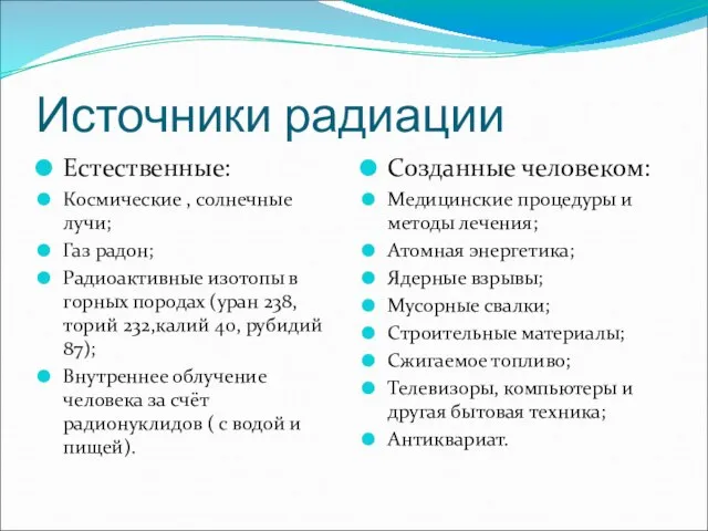 Источники радиации Естественные: Космические , солнечные лучи; Газ радон; Радиоактивные изотопы в