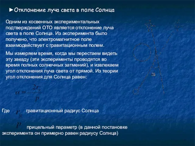 ►Отклонение луча света в поле Солнца Одним из косвенных экспериментальных подтверждений ОТО