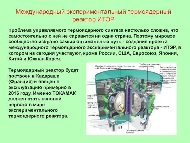 Международный экспериментальный термоядерный реактор ИТЭР Проблема управляемого термоядерного синтеза настолько сложна, что