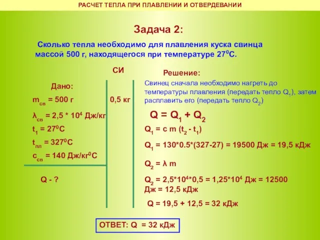 Задача 2: Сколько тепла необходимо для плавления куска свинца массой 500 г,