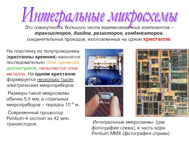 Интегральные микросхемы .Интегральные микросхемы- (две фотографии слева), и часть ядра Pentium ММХ