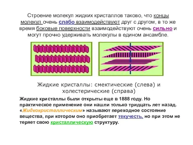 Строение молекул жидких кристаллов таково, что концы молекул очень слабо взаимодействуют друг