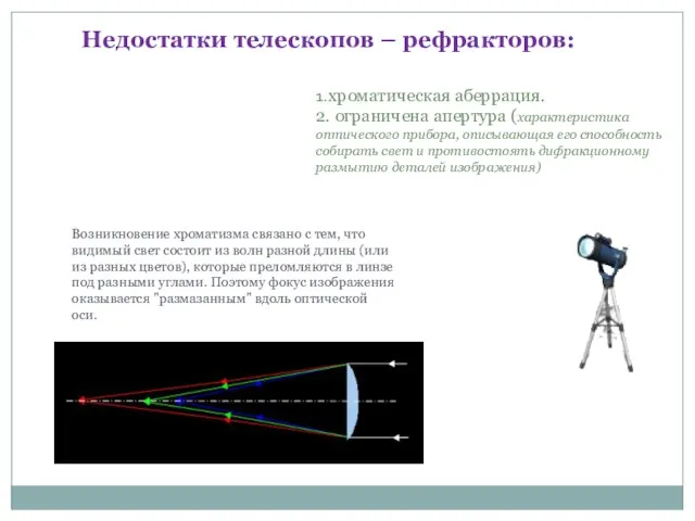 Недостатки телескопов – рефракторов: 1.хроматическая аберрация. 2. ограничена апертура (характеристика оптического прибора,