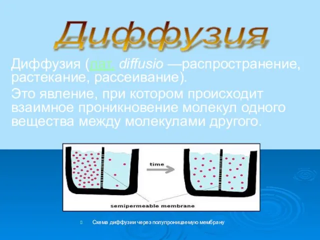 Диффузия (лат. diffusio —распространение, растекание, рассеивание). Это явление, при котором происходит взаимное