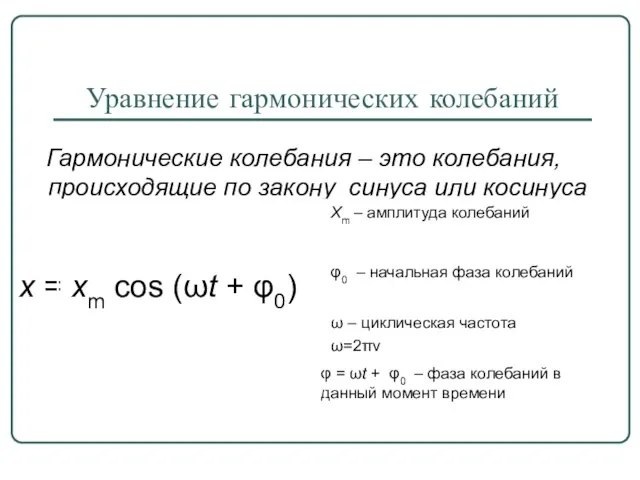 Уравнение гармонических колебаний Гармонические колебания – это колебания, происходящие по закону синуса