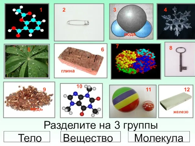 Разделите на 3 группы Тело Вещество Молекула 1 2 4 5 6