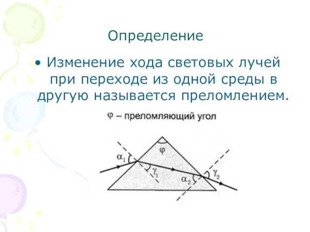 Определение Изменение хода световых лучей при переходе из одной среды в другую называется преломлением.