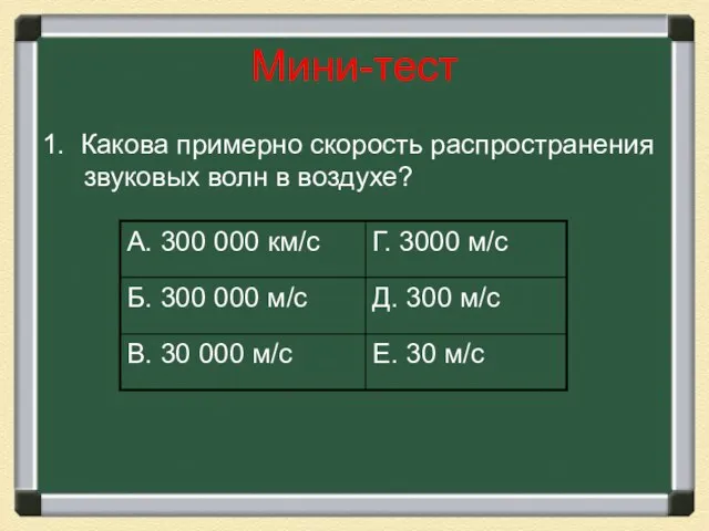 Мини-тест 1. Какова примерно скорость распространения звуковых волн в воздухе?