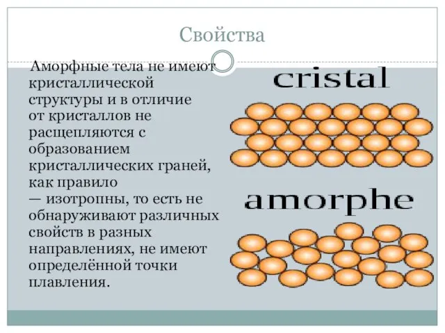 Свойства Аморфные тела не имеют кристаллической структуры и в отличие от кристаллов