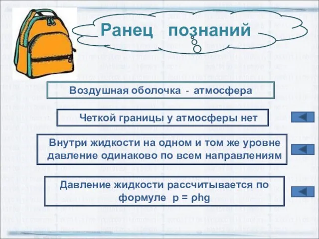 Воздушная оболочка - атмосфера Четкой границы у атмосферы нет Давление жидкости рассчитывается