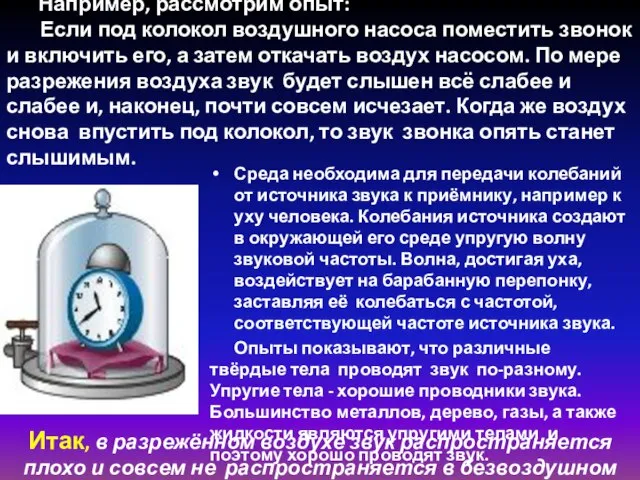 Например, рассмотрим опыт: Если под колокол воздушного насоса поместить звонок и включить