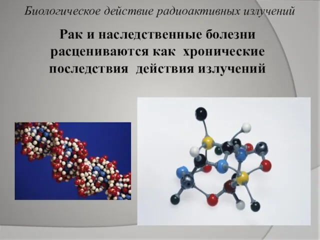 Рак и наследственные болезни расцениваются как хронические последствия действия излучений Биологическое действие радиоактивных излучений