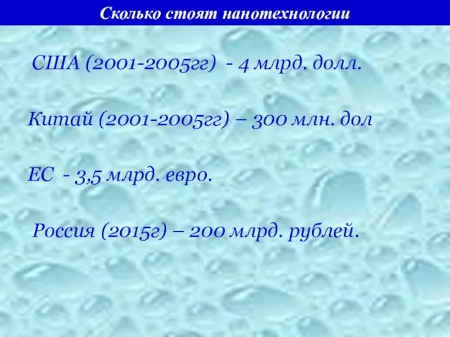 Сколько стоят нанотехнологии США (2001-2005гг) - 4 млрд. долл. Китай (2001-2005гг) –