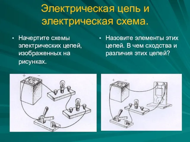 Электрическая цепь и электрическая схема. Начертите схемы электрических цепей, изображенных на рисунках.