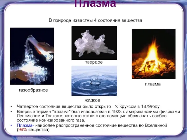 Плазма Четвёртое состояние вещества было открыто У. Круксом в 1879году Впервые термин