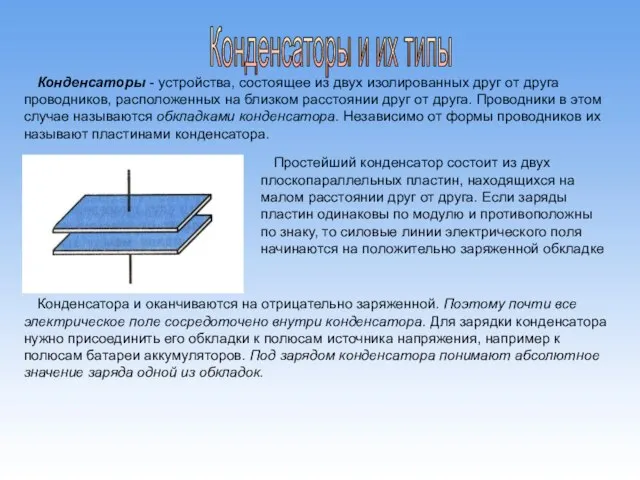 Конденсаторы и их типы Конденсаторы - устройства, состоящее из двух изолированных друг