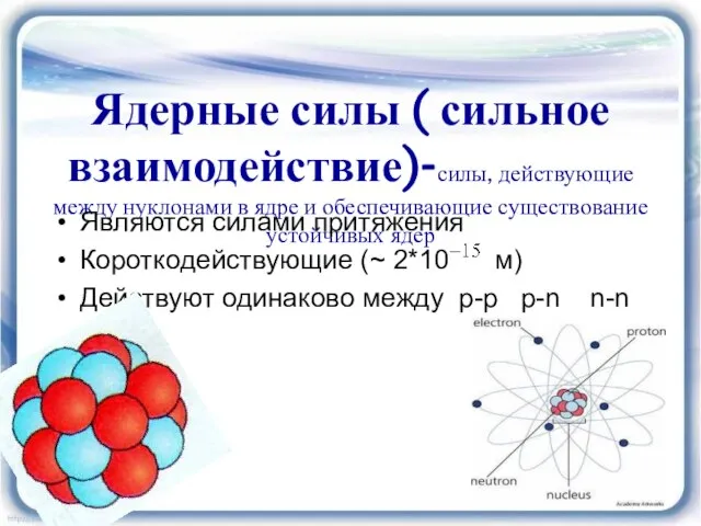 Ядерные силы ( сильное взаимодействие)-силы, действующие между нуклонами в ядре и обеспечивающие