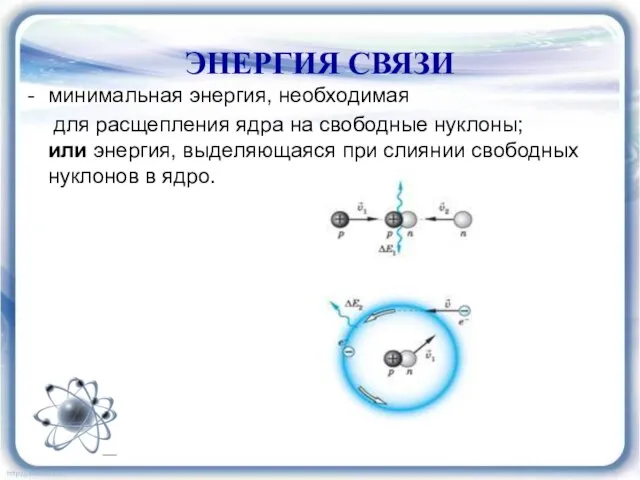 ЭНЕРГИЯ СВЯЗИ минимальная энергия, необходимая для расщепления ядра на свободные нуклоны; или