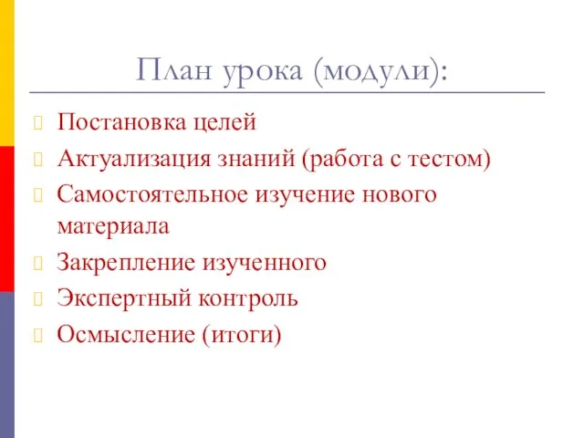 План урока (модули): Постановка целей Актуализация знаний (работа с тестом) Самостоятельное изучение