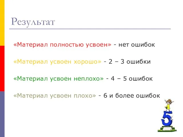 Результат «Материал полностью усвоен» - нет ошибок «Материал усвоен хорошо» - 2