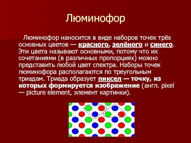 Люминофор Люминофор наносится в виде наборов точек трёх основных цветов — красного,