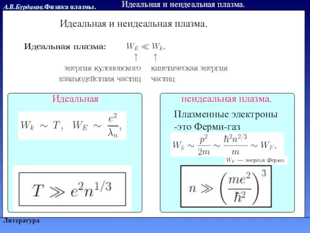 А.В.Бурдаков.Физика плазмы. Литература Идеальная и неидеальная плазма. Идеальная и неидеальная плазма. Плазменные