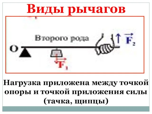 Нагрузка приложена между точкой опоры и точкой приложения силы (тачка, щипцы) Виды рычагов