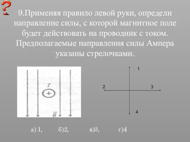 9.Применяя правило левой руки, определи направление силы, с которой магнитное поле будет