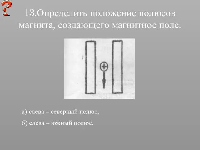 13.Определить положение полюсов магнита, создающего магнитное поле. а) слева – северный полюс,