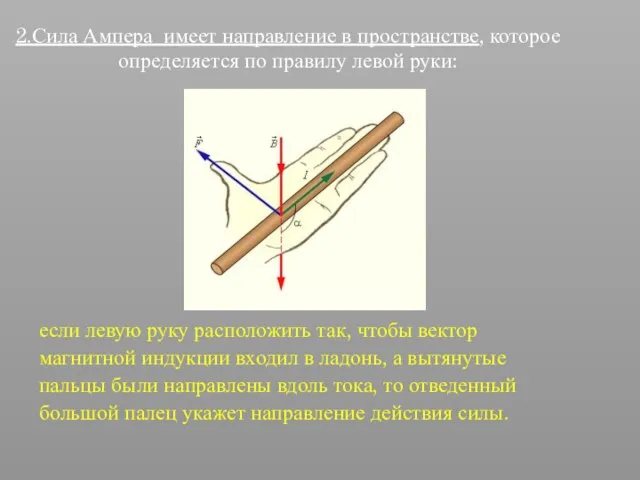 2.Сила Ампера имеет направление в пространстве, которое определяется по правилу левой руки: