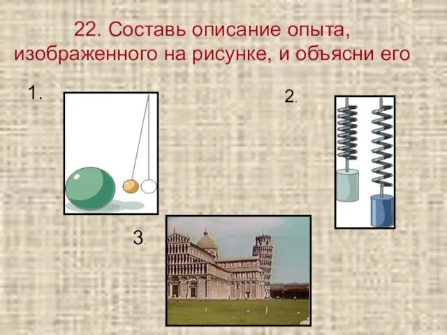 22. Составь описание опыта, изображенного на рисунке, и объясни его 1. 2. 3.