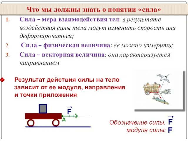 Сила – мера взаимодействия тел: в результате воздействия силы тела могут изменить