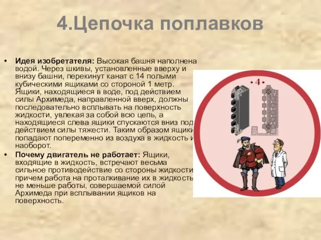 4.Цепочка поплавков Идея изобретателя: Высокая башня наполнена водой. Через шкивы, установленные вверху