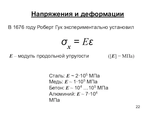 Напряжения и деформации В 1676 году Роберт Гук экспериментально установил σx =