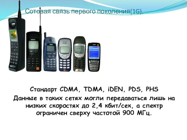 Сотовая связь первого поколения(1G). Стандарт CDMA, TDMA, iDEN, PDS, PHS Данные в