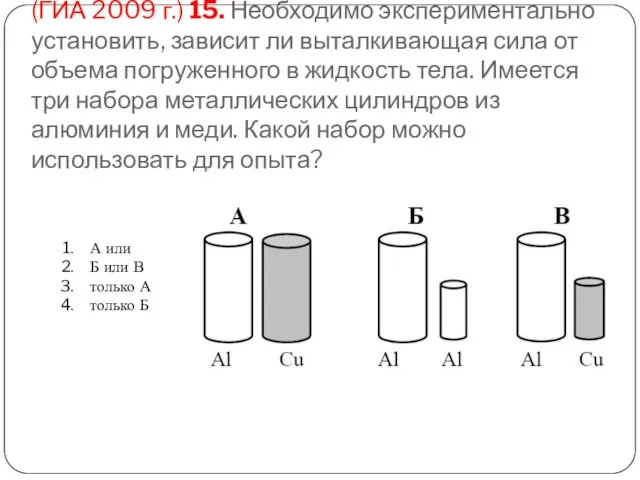 (ГИА 2009 г.) 15. Необходимо экспериментально установить, зависит ли выталкивающая сила от