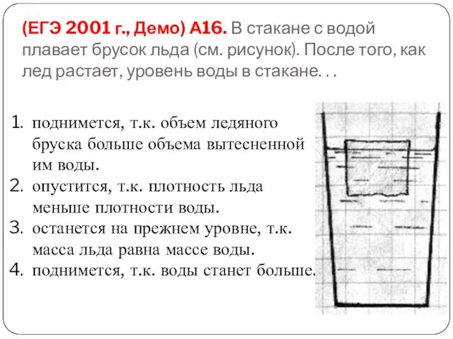 (ЕГЭ 2001 г., Демо) А16. В стакане с водой плавает брусок льда