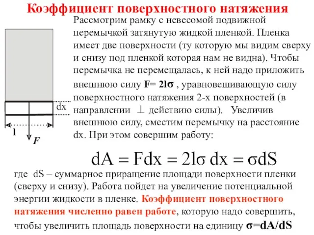 Коэффициент поверхностного натяжения Рассмотрим рамку с невесомой подвижной перемычкой затянутую жидкой пленкой.