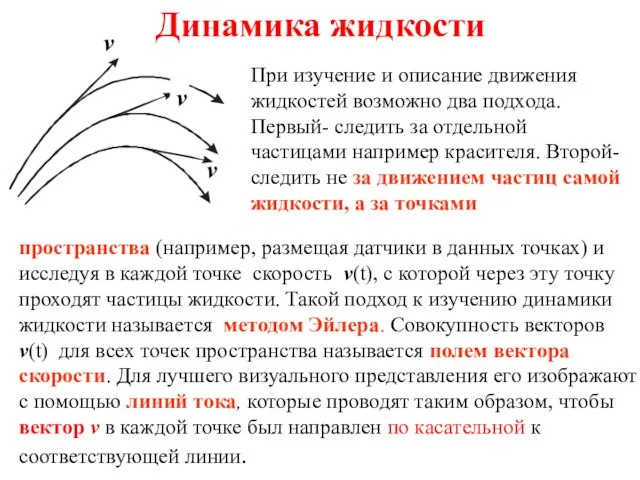 Динамика жидкости При изучение и описание движения жидкостей возможно два подхода. Первый-