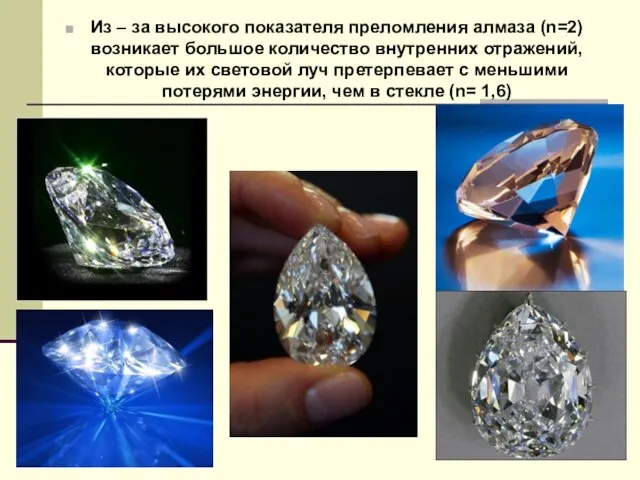 Из – за высокого показателя преломления алмаза (n=2) возникает большое количество внутренних