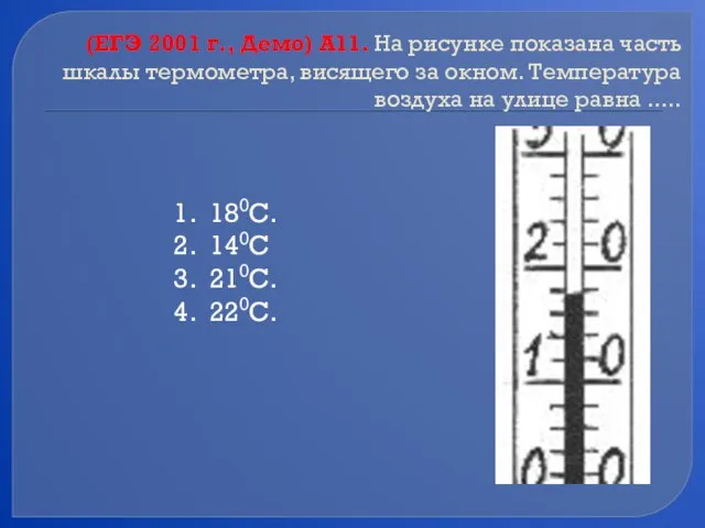 (ЕГЭ 2001 г., Демо) А11. На рисунке показана часть шкалы термометра, висящего