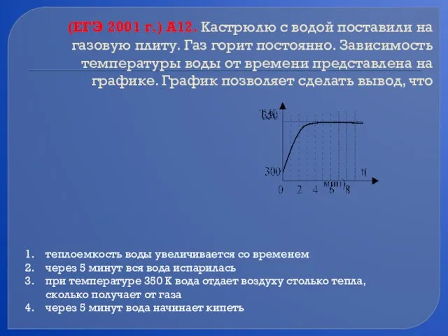 (ЕГЭ 2001 г.) А12. Кастрюлю с водой поставили на газовую плиту. Газ