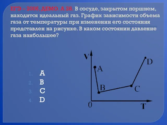 ЕГЭ – 2006, ДЕМО. А 28. В сосуде, закрытом поршнем, находится идеальный