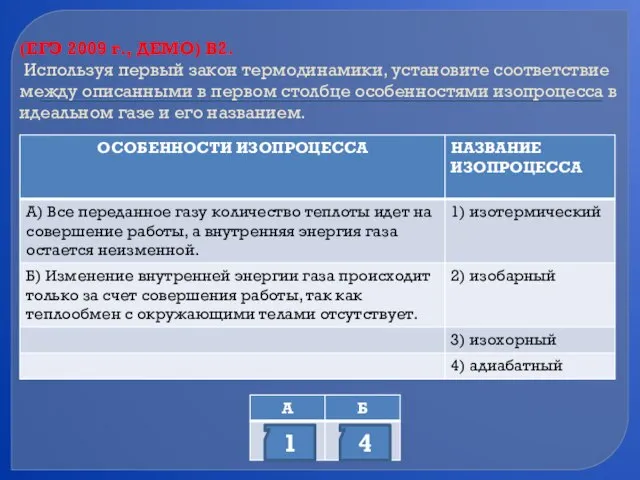 (ЕГЭ 2009 г., ДЕМО) В2. Используя первый закон термодинамики, установите соответствие между