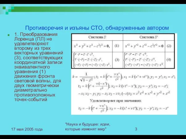 "Наука и будущее: идеи, которые изменят мир" 17 мая 2005 года Противоречия