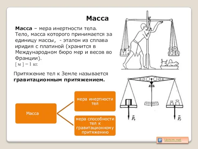 Масса Масса – мера инертности тела. Тело, масса которого принимается за единицу