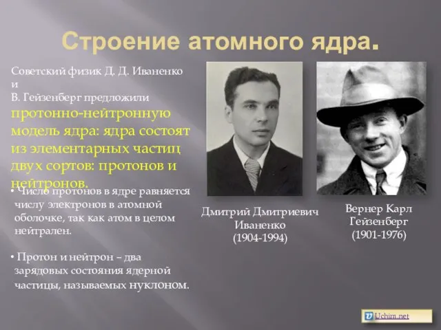 Строение атомного ядра. Вернер Карл Гейзенберг (1901-1976) Дмитрий Дмитриевич Иваненко (1904-1994) Советский