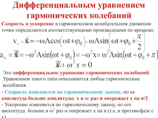 Дифференциальным уравнением гармонических колебаний Скорость и ускорение в гармоническом колебательном движении точки