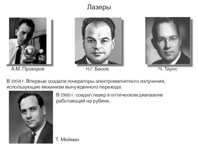 Лазеры А.М. Прохоров Н.Г. Басов Ч. Таунс В 1954 г. Впервые создали