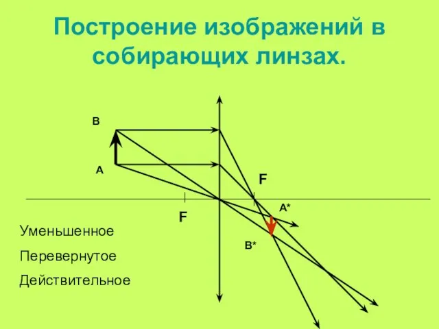 Построение изображений в собирающих линзах. F F А А* В* В Уменьшенное Перевернутое Действительное